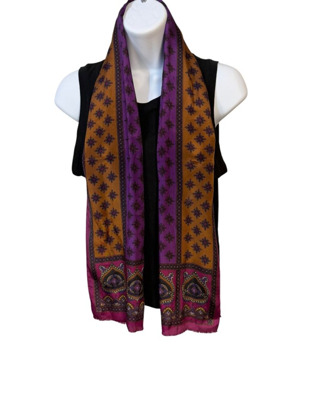 Vintage Silk Chiffon Scarf Orange Plum Indigo Floral Medallion Fringe Wrap Boho